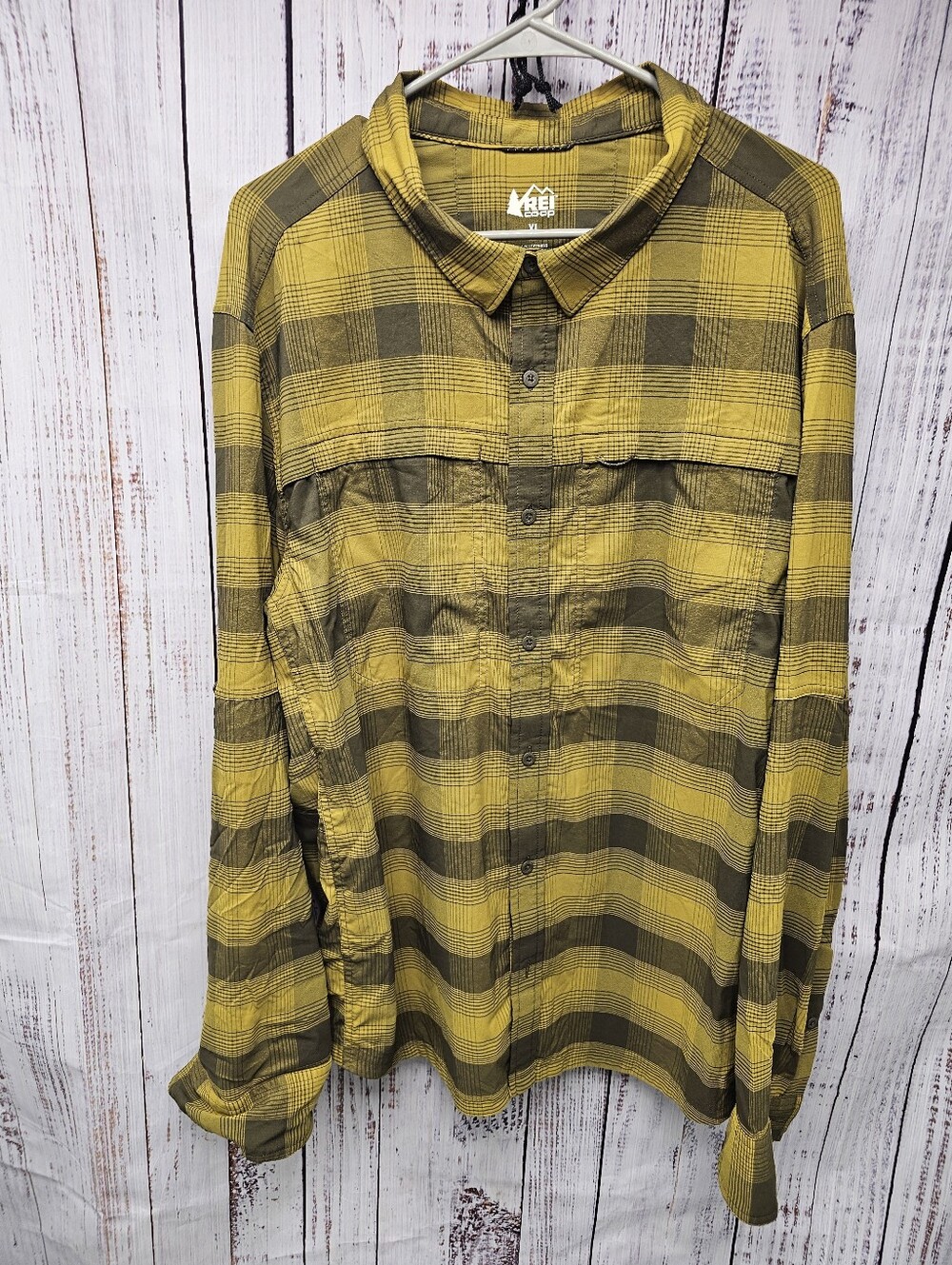 REI Co-op Yellow Brown Plaid Nylon Spandex Long Sleeve Hiking Shirt Men's XL